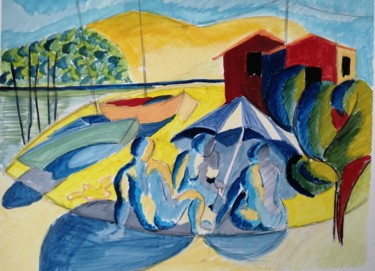 Peinture intitulée "Baignade au Mimbeau" par Martin Jobert, Œuvre d'art originale, Gouache