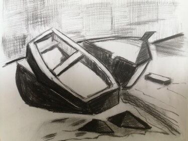 Drawing titled "barques échouées da…" by Martin Jobert, Original Artwork, Charcoal