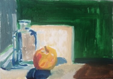 Painting titled "Pomme sur fond vert" by Martin Jobert, Original Artwork, Oil