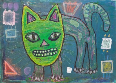 Painting titled "Angry Cat" by Martin Pollak, Original Artwork, Acrylic Mounted on Wood Stretcher frame