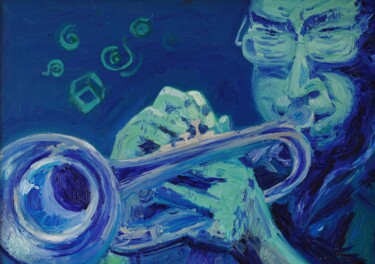 Painting titled "Trumpetist" by Martin Pollak, Original Artwork, Oil Mounted on Wood Stretcher frame