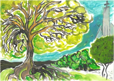 Malerei mit dem Titel "Tree and Church" von Martin Rupp, Original-Kunstwerk, Gouache