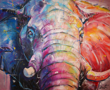 Schilderij getiteld "Elephant" door Martin Street-Art, Origineel Kunstwerk, Acryl Gemonteerd op Frame voor houten brancard