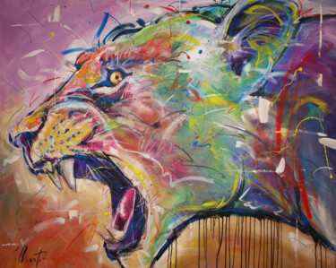 Painting titled "La lionne" by Martin Street-Art, Original Artwork, Acrylic Mounted on Wood Stretcher frame