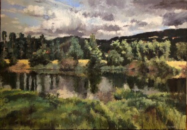 Painting titled "River Berounka" by Martina Krupičková, Original Artwork, Oil Mounted on Wood Stretcher frame