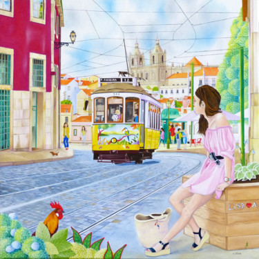 Картина под названием "Quand Lisbonne fait…" - Martine Alison, Подлинное произведение искусства, Масло Установлен на Деревян…