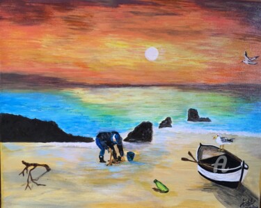 Pintura intitulada "pépé et plage" por Martine Chalet-Aspert, Obras de arte originais, Acrílico