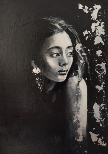 Schilderij getiteld "Jeune femme pensive" door Martine Banacer, Origineel Kunstwerk, Acryl Gemonteerd op Frame voor houten b…
