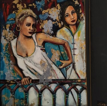 Ζωγραφική με τίτλο "Les deux amies au b…" από Martine Banacer, Αυθεντικά έργα τέχνης, Ακρυλικό Τοποθετήθηκε στο Ξύλινο φορεί…