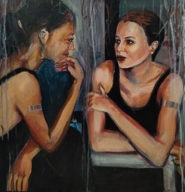 Painting titled "Discussion" by Martine Banacer, Original Artwork, Acrylic Mounted on Wood Stretcher frame