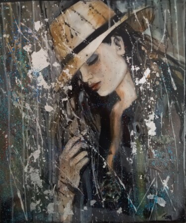 Malarstwo zatytułowany „Le chapeau jaune” autorstwa Martine Banacer, Oryginalna praca, Akryl Zamontowany na Drewniana rama n…