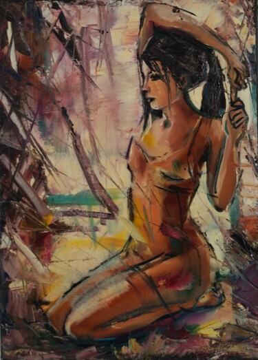 Painting titled "détente" by Martine Banacer, Original Artwork, Oil Mounted on Wood Stretcher frame