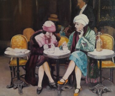 Schilderij getiteld "Café 1920" door Martine Banacer, Origineel Kunstwerk, Olie Gemonteerd op Frame voor houten brancard