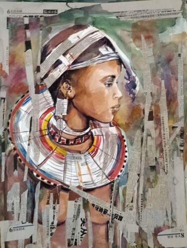 Schilderij getiteld "femme africaine" door Martine Banacer, Origineel Kunstwerk, Aquarel