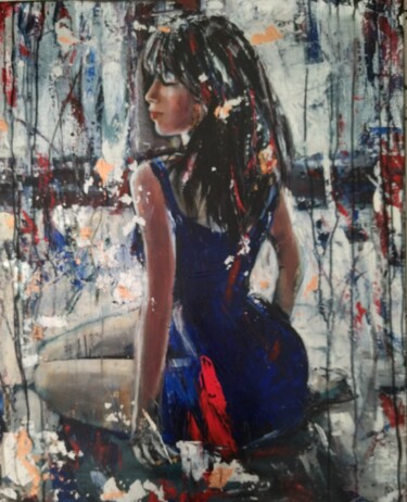 Картина под названием "La robe bleue" - Martine Banacer, Подлинное произведение искусства, Акрил Установлен на Деревянная ра…