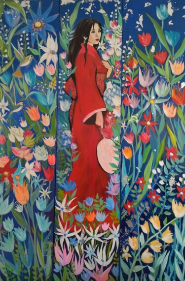 Painting titled "Femme fleur" by Martine Banacer, Original Artwork, Acrylic