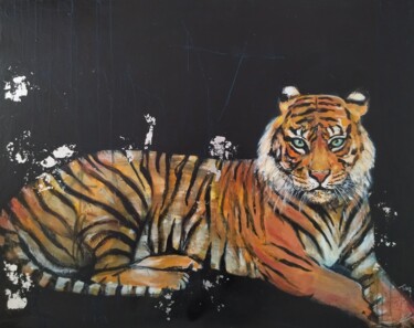 Painting titled "Tigre au repos" by Martine Banacer, Original Artwork, Acrylic Mounted on Wood Stretcher frame