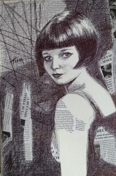 Painting titled "Louise" by Martine Banacer, Original Artwork, Ballpoint pen Mounted on Wood Stretcher frame