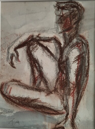 Drawing titled "Homme  nu assis 1" by Martine Banacer, Original Artwork, Charcoal