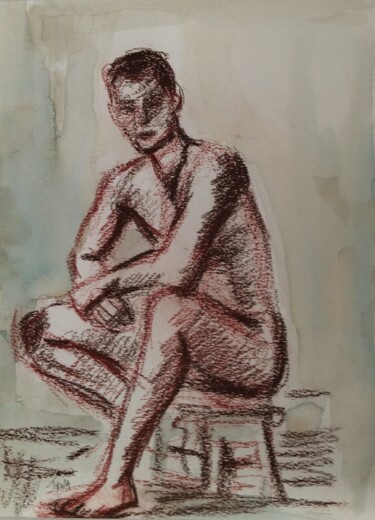 Drawing titled "Homme  nu assis 2" by Martine Banacer, Original Artwork, Charcoal