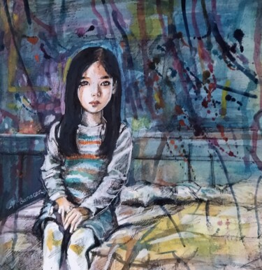 Dessin intitulée "petite fille rêveuse" par Martine Banacer, Œuvre d'art originale, Aquarelle