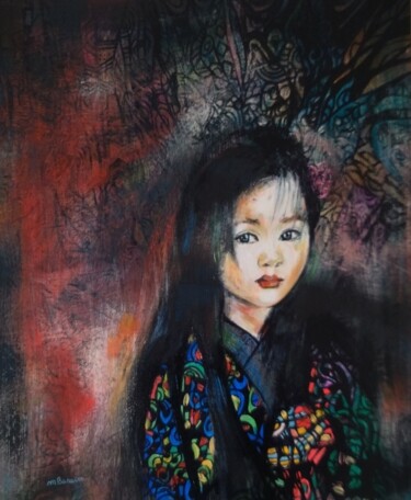 Painting titled "Petite fille songeu…" by Martine Banacer, Original Artwork, Acrylic