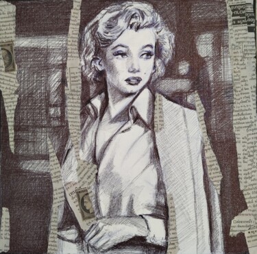 Drawing titled "Marylin 2" by Martine Banacer, Original Artwork, Ballpoint pen Mounted on Wood Stretcher frame