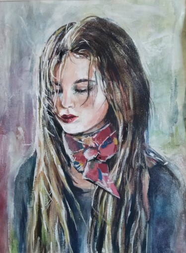 Painting titled "Rouge" by Martine Banacer, Original Artwork, Watercolor