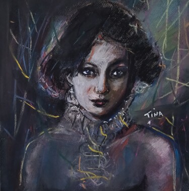 Dessin intitulée "Les yeux noirs" par Martine Banacer, Œuvre d'art originale, Pastel