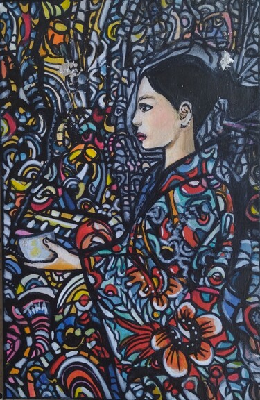 Pintura titulada "Le bol de thé" por Martine Banacer, Obra de arte original, Acrílico Montado en Bastidor de camilla de made…