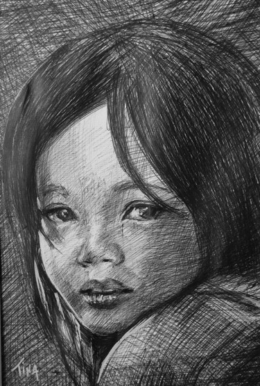 Dessin intitulée "Petite fille aux ye…" par Martine Banacer, Œuvre d'art originale, Stylo à bille