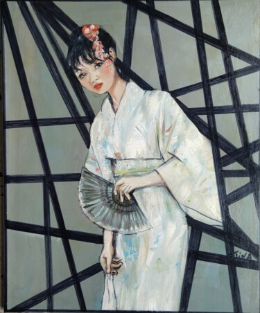 Pintura titulada "Japonaise à l'évent…" por Martine Banacer, Obra de arte original, Oleo Montado en Bastidor de camilla de m…