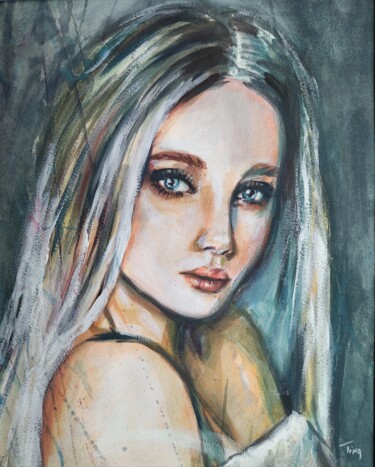 Painting titled "Regard turquoise" by Martine Banacer, Original Artwork, Watercolor