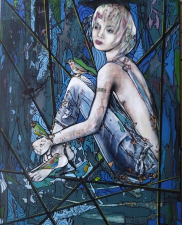 Painting titled "Caméléon" by Martine Banacer, Original Artwork, Acrylic Mounted on Wood Stretcher frame
