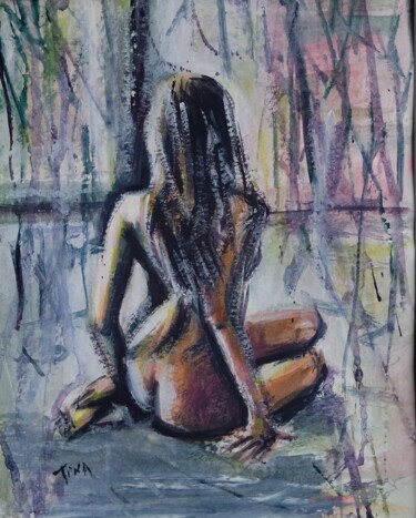 Painting titled "Femme nue de dos" by Martine Banacer, Original Artwork, Watercolor