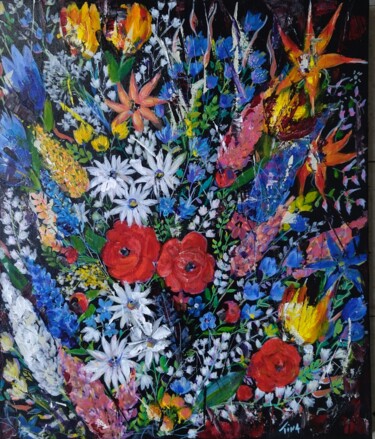 Painting titled "Fleurs" by Martine Banacer, Original Artwork, Acrylic Mounted on Wood Stretcher frame