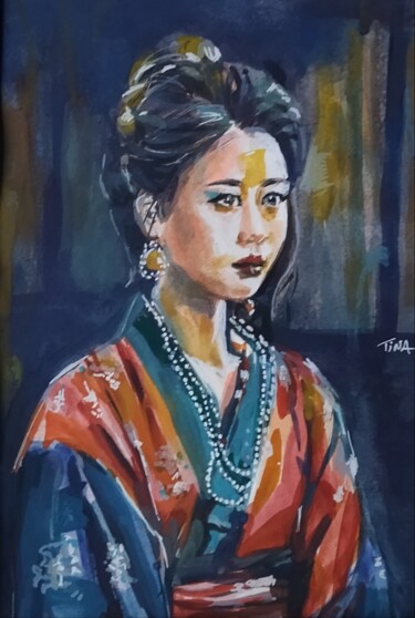 Painting titled "Kimono" by Martine Banacer, Original Artwork, Watercolor