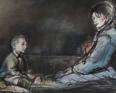 Tekening getiteld "Enfant et mère" door Martine Banacer, Origineel Kunstwerk, Marker