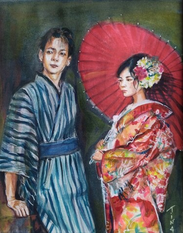 Painting titled "Japon" by Martine Banacer, Original Artwork, Watercolor