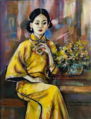 Картина под названием "La robe jaune" - Martine Banacer, Подлинное произведение искусства, Акрил Установлен на Деревянная ра…