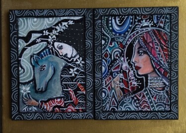 Painting titled "Le cheval bleu" by Martine Banacer, Original Artwork, Acrylic Mounted on Wood Stretcher frame