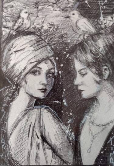 Drawing titled "Blanc et noir" by Martine Banacer, Original Artwork, Ballpoint pen
