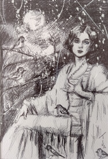Drawing titled "Clair de lune" by Martine Banacer, Original Artwork, Ballpoint pen