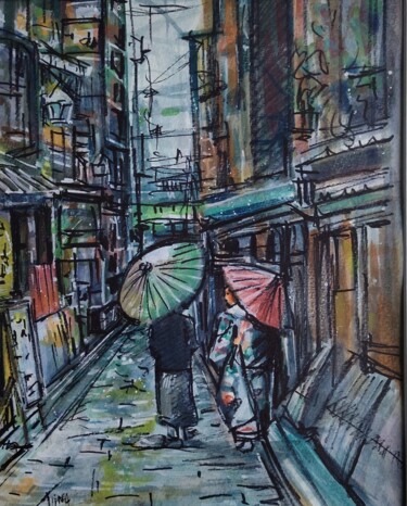 Painting titled "Promenade japonaise" by Martine Banacer, Original Artwork, Watercolor