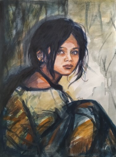 Painting titled "La petite fille rêv…" by Martine Banacer, Original Artwork, Watercolor