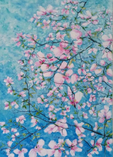 Painting titled "Magnolia en fleurs" by Martine Bardiaux, Original Artwork, Oil