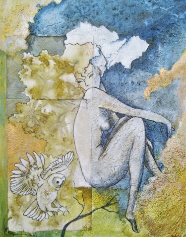 Painting titled "Femme Totem/ chouet…" by Martine Bardiaux, Original Artwork, Acrylic