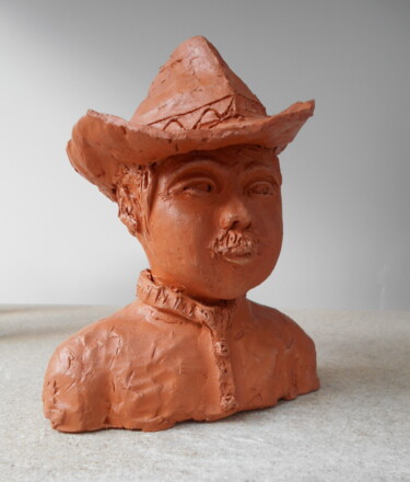 Sculpture titled "L'homme au chapeau" by Martine Béron, Original Artwork, Clay