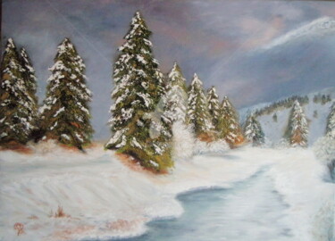 Painting titled "Sapins Enneiges" by Martine Bonnerave, Original Artwork, Oil