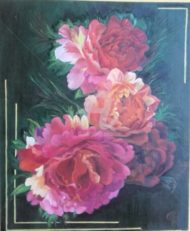 Painting titled "Roses Anciennes" by Martine Bonnerave, Original Artwork, Oil